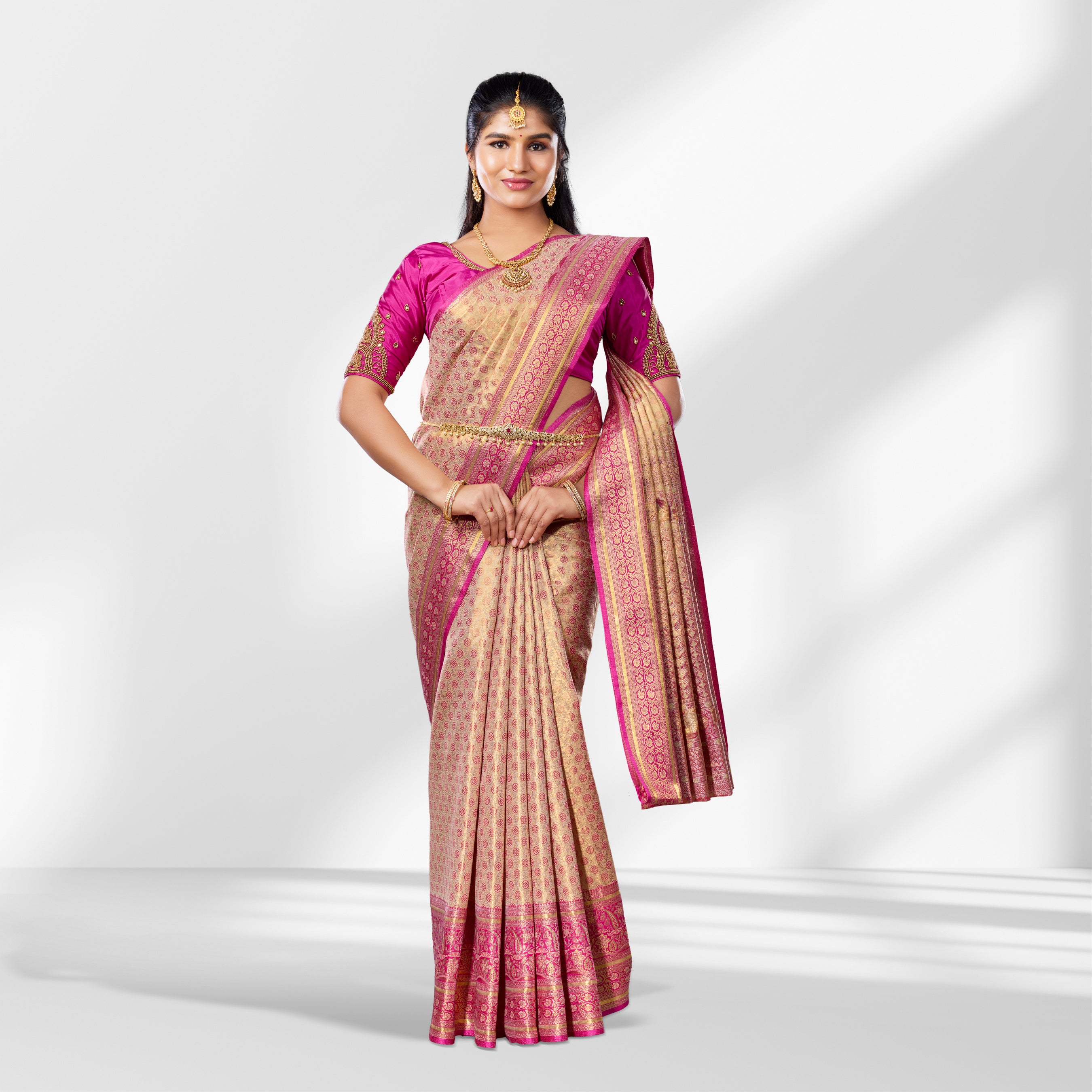 Gold and Pink Tissue Silk Saree with Long Zari Border