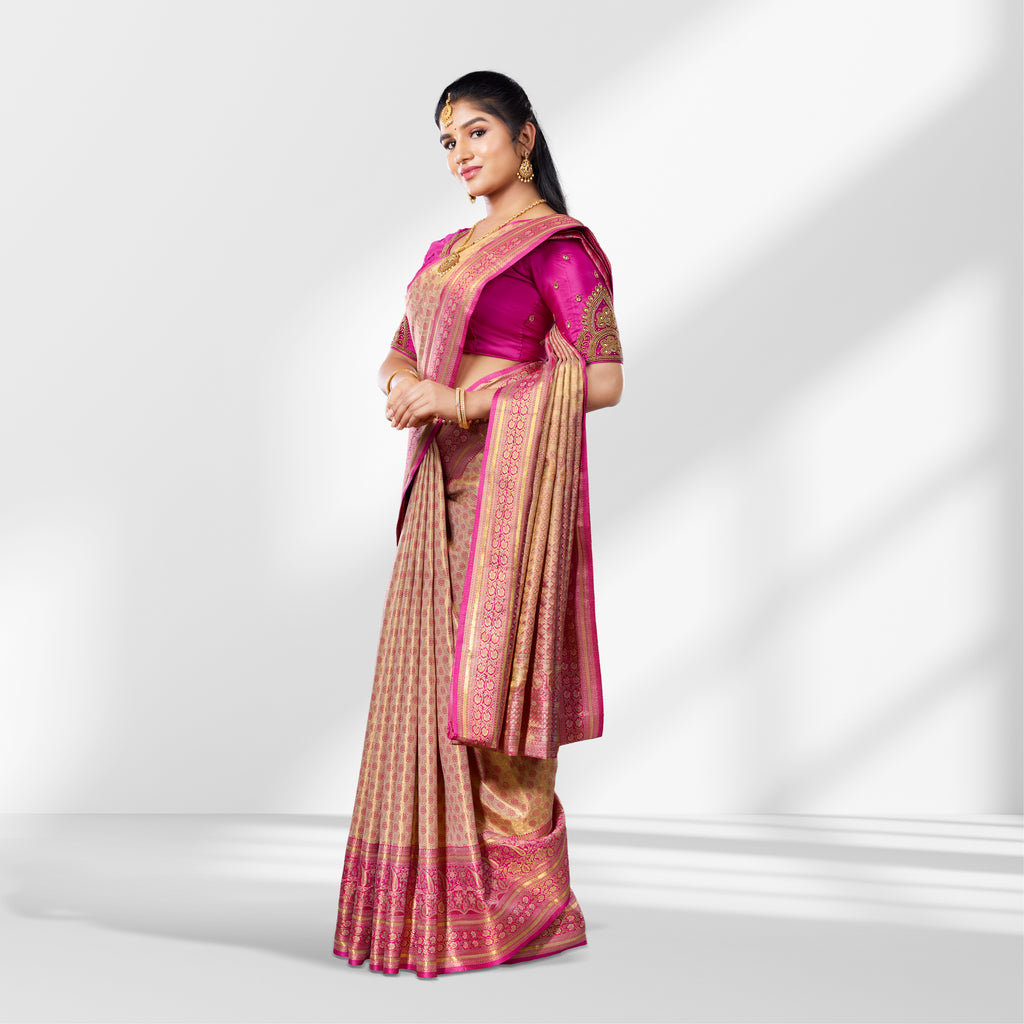 Gold and Pink Tissue Silk Saree with Long Zari Border