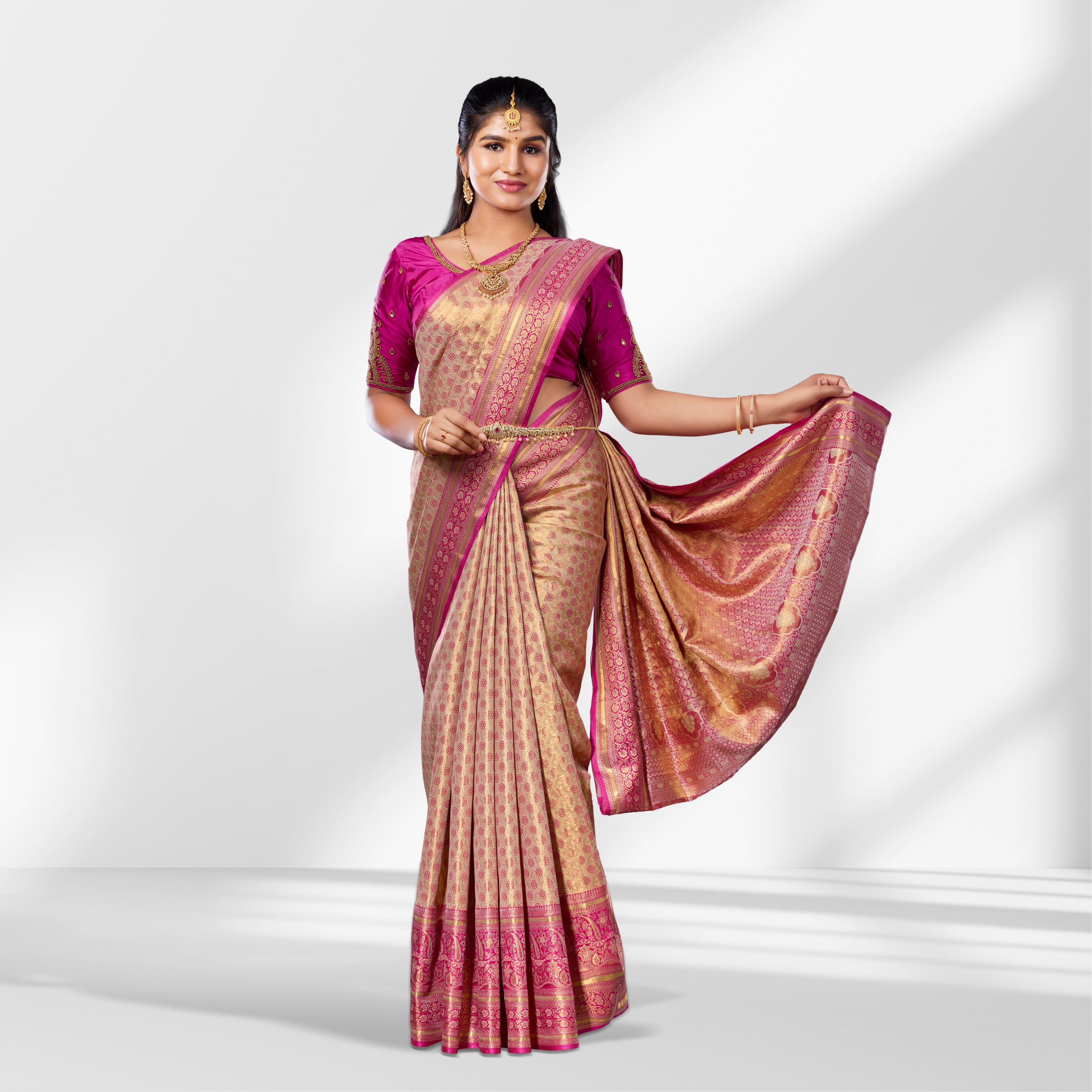 Gold and Pink Tissue Silk Saree with Long Zari Border