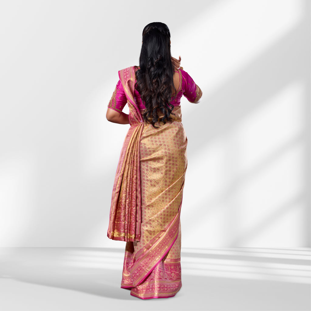 Gold and Pink Tissue Silk Saree with Long Zari Border