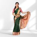 Green and Baby Pink Kanchipuram Silk Saree with Checks and Peacock Butta