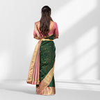 Green and Baby Pink Kanchipuram Silk Saree with Checks and Peacock Butta