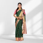 Green and Baby Pink Kanchipuram Silk Saree with Checks and Peacock Butta