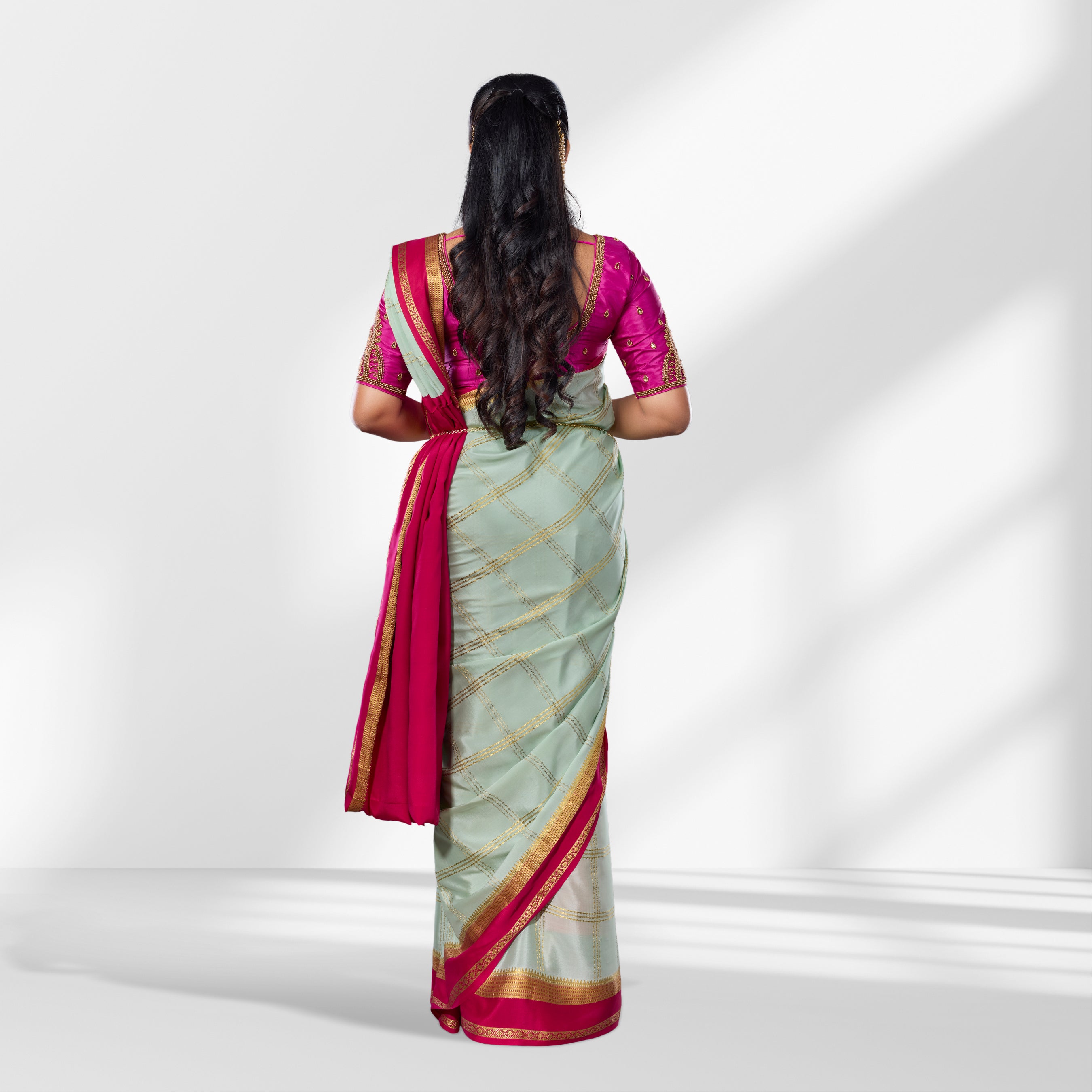 Mint Green and Rani Pink Mysore Silk Saree with Zari Checks and Contrast Border