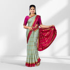 Mint Green and Rani Pink Mysore Silk Saree with Zari Checks and Contrast Border