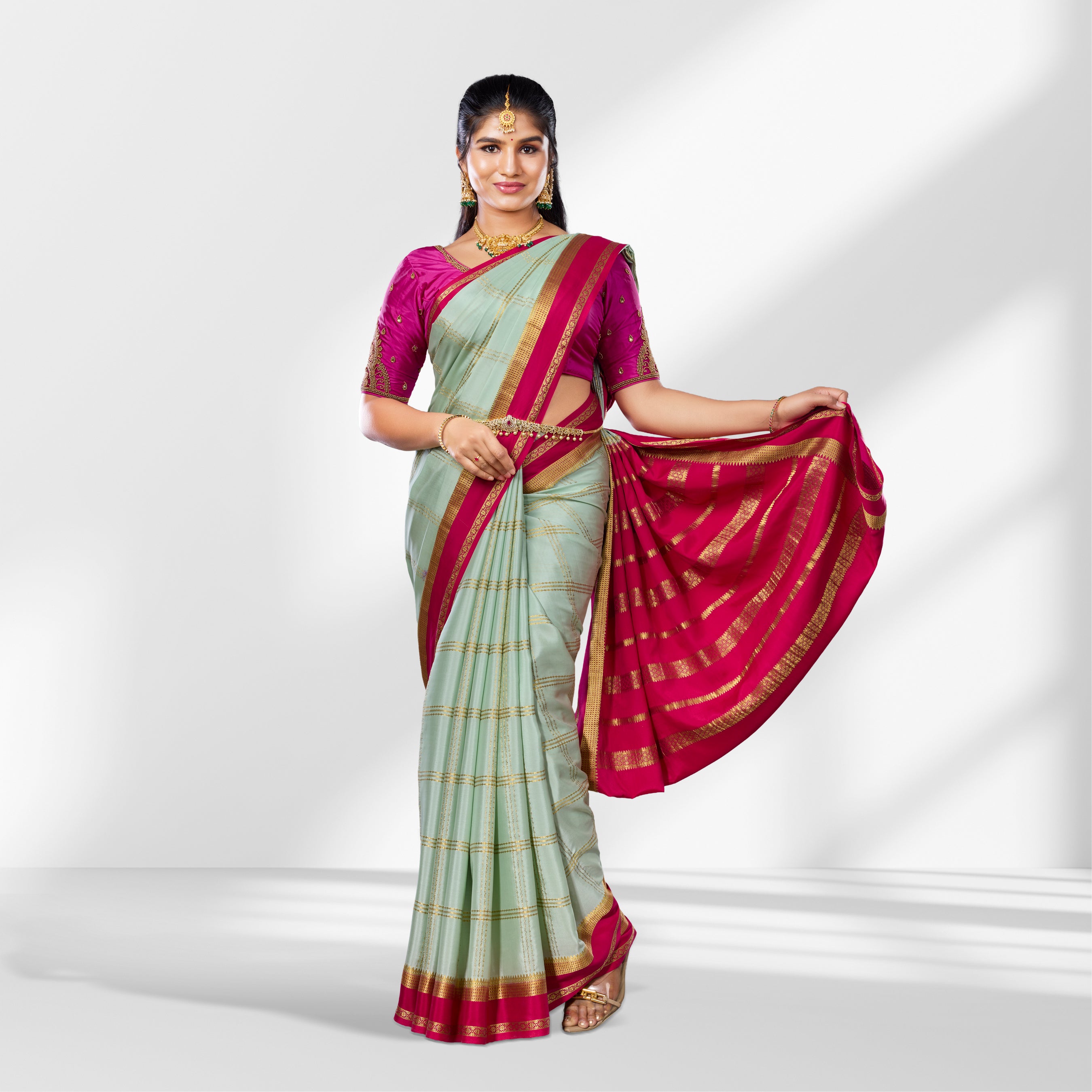 Mint Green and Rani Pink Mysore Silk Saree with Zari Checks and Contrast Border