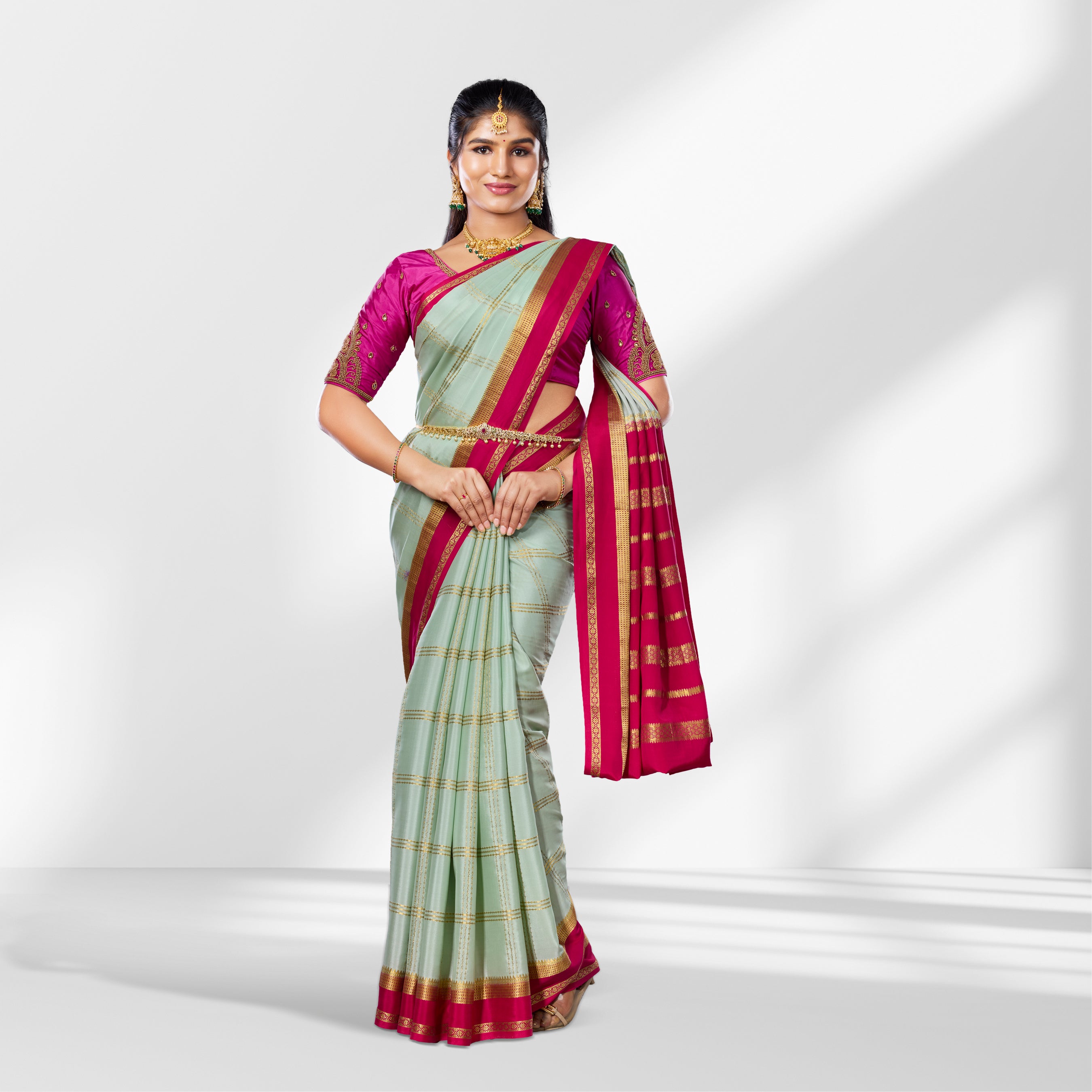 Mint Green and Rani Pink Mysore Silk Saree with Zari Checks and Contrast Border