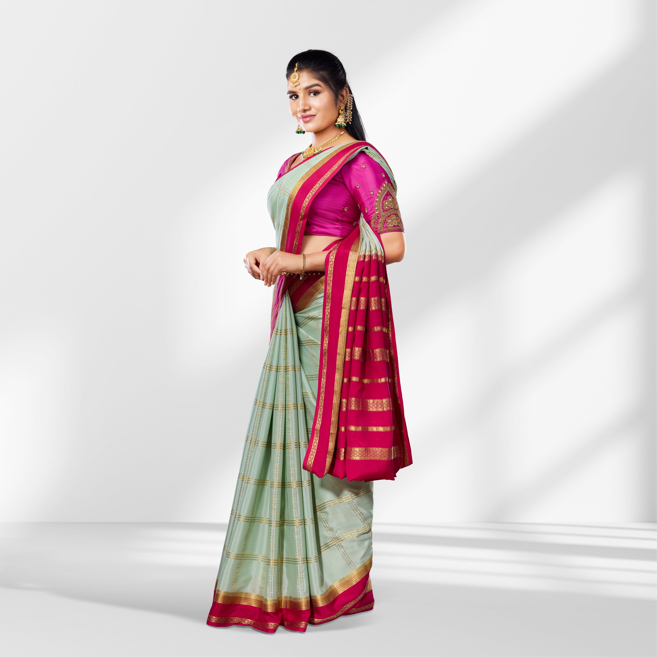 Mint Green and Rani Pink Mysore Silk Saree with Zari Checks and Contrast Border