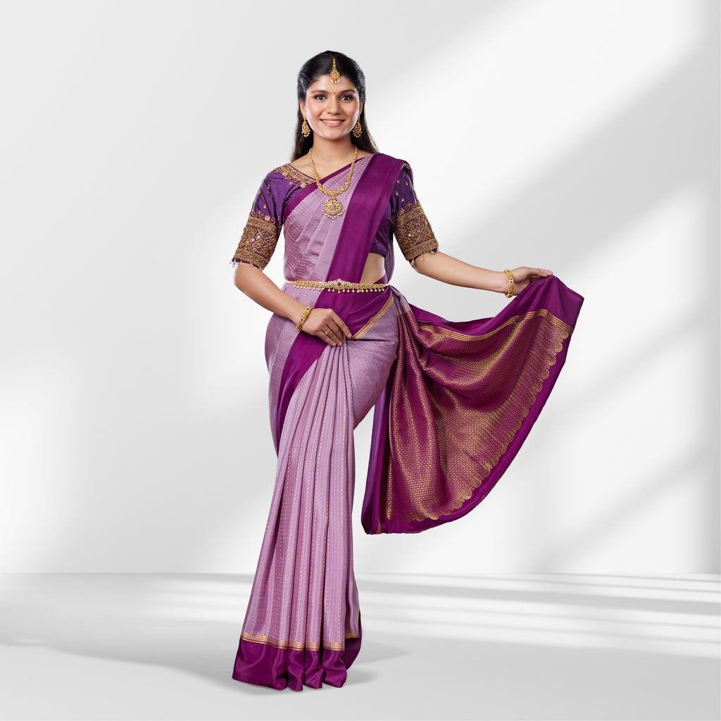 Lavender and Magenta Mysore Silk Saree with Zari Stripes and Rich Contrast Pallu