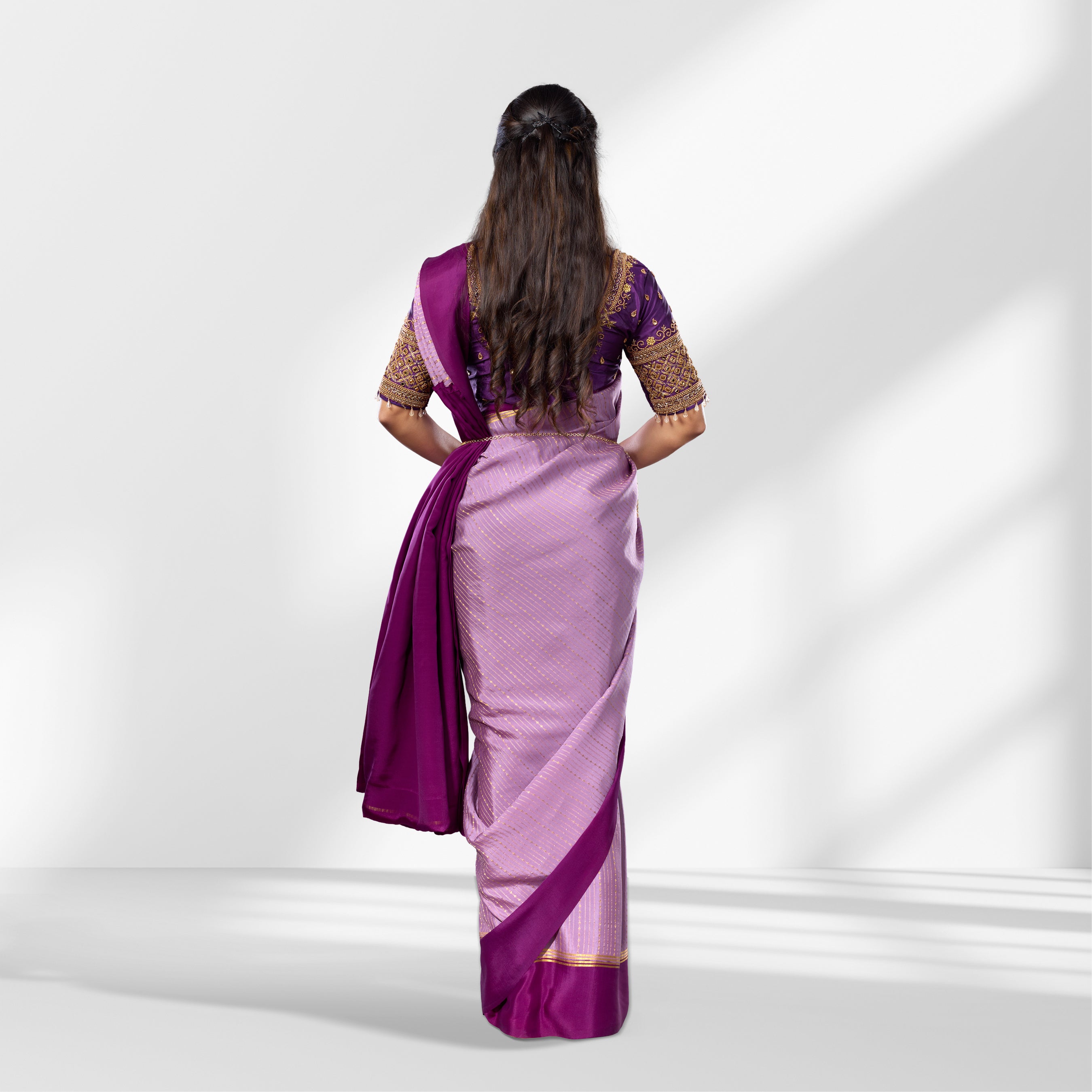 Lavender and Magenta Mysore Silk Saree with Zari Stripes and Rich Contrast Pallu