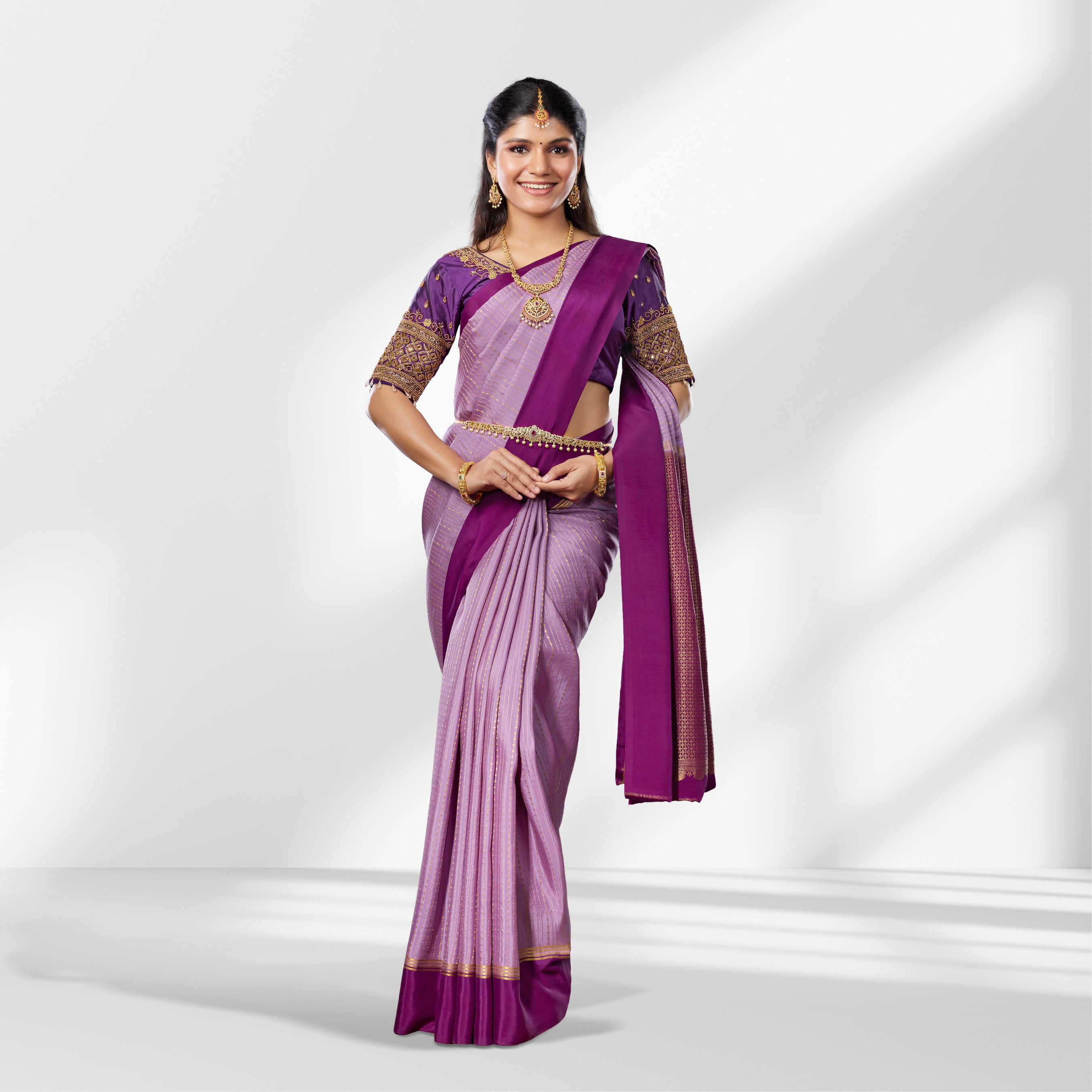 Lavender and Magenta Mysore Silk Saree with Zari Stripes and Rich Contrast Pallu