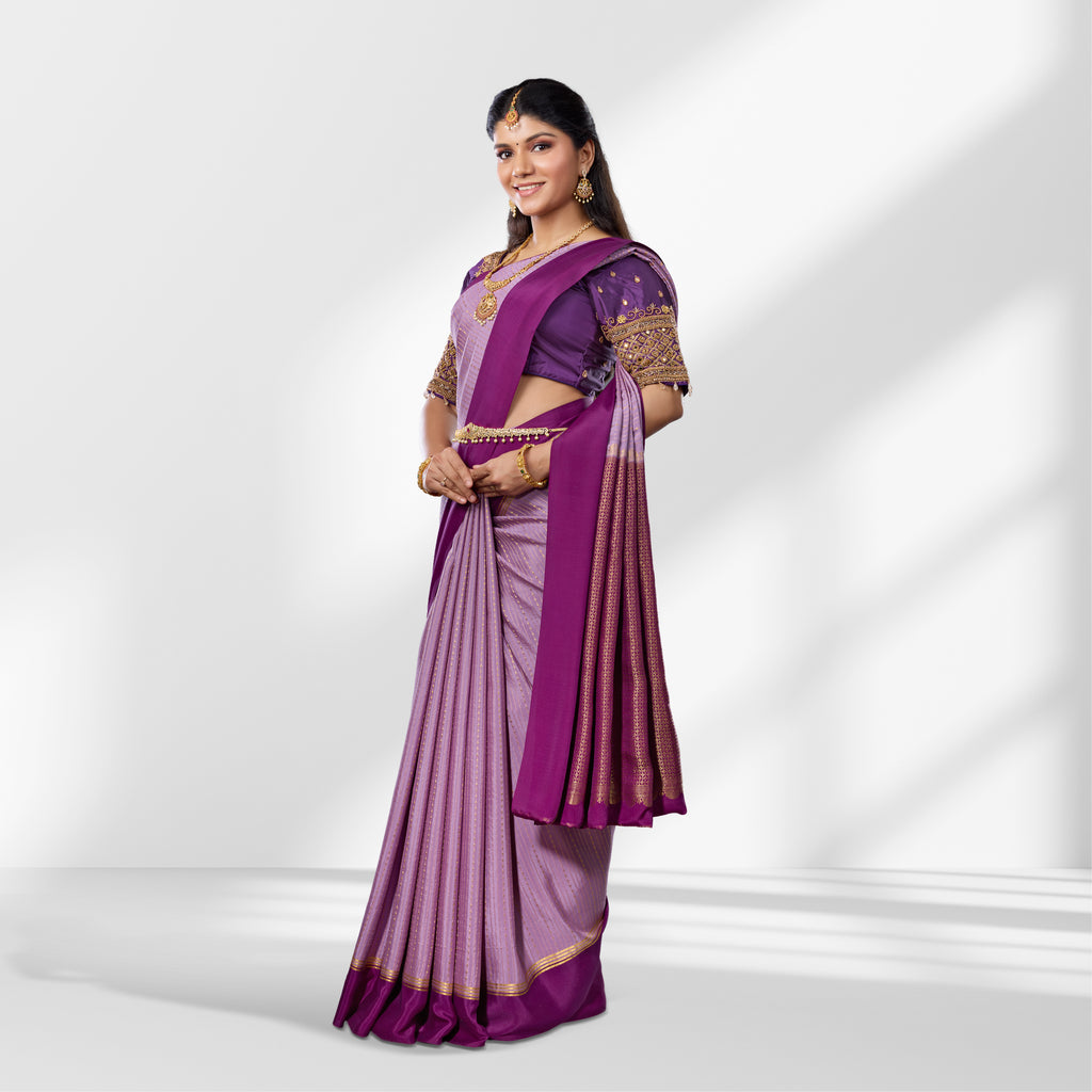 Lavender and Magenta Mysore Silk Saree with Zari Stripes and Rich Contrast Pallu