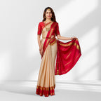 Beige and Red Mysore Silk Saree with Contrast Zari Border and Rich Pallu