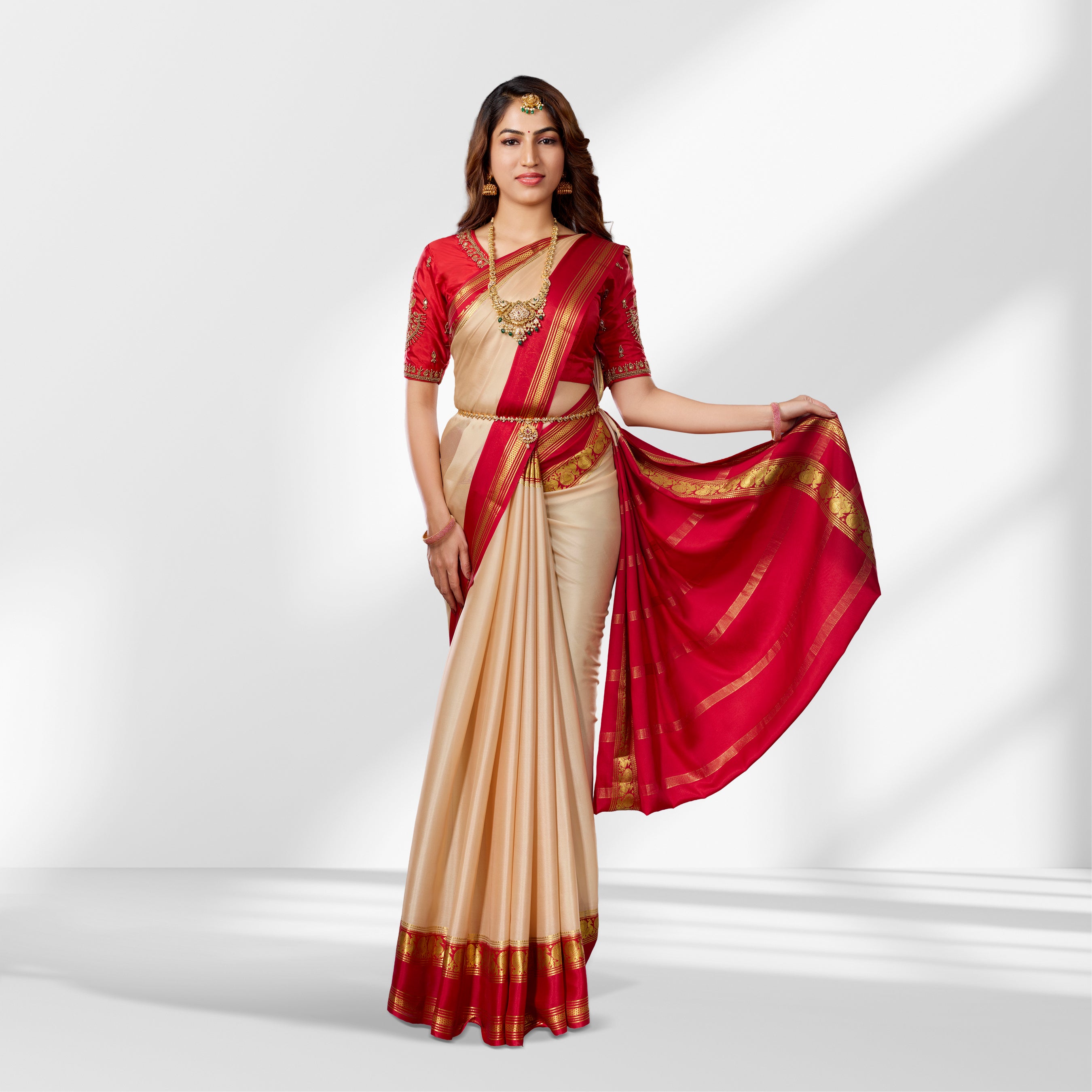 Beige and Red Mysore Silk Saree with Contrast Zari Border and Rich Pallu