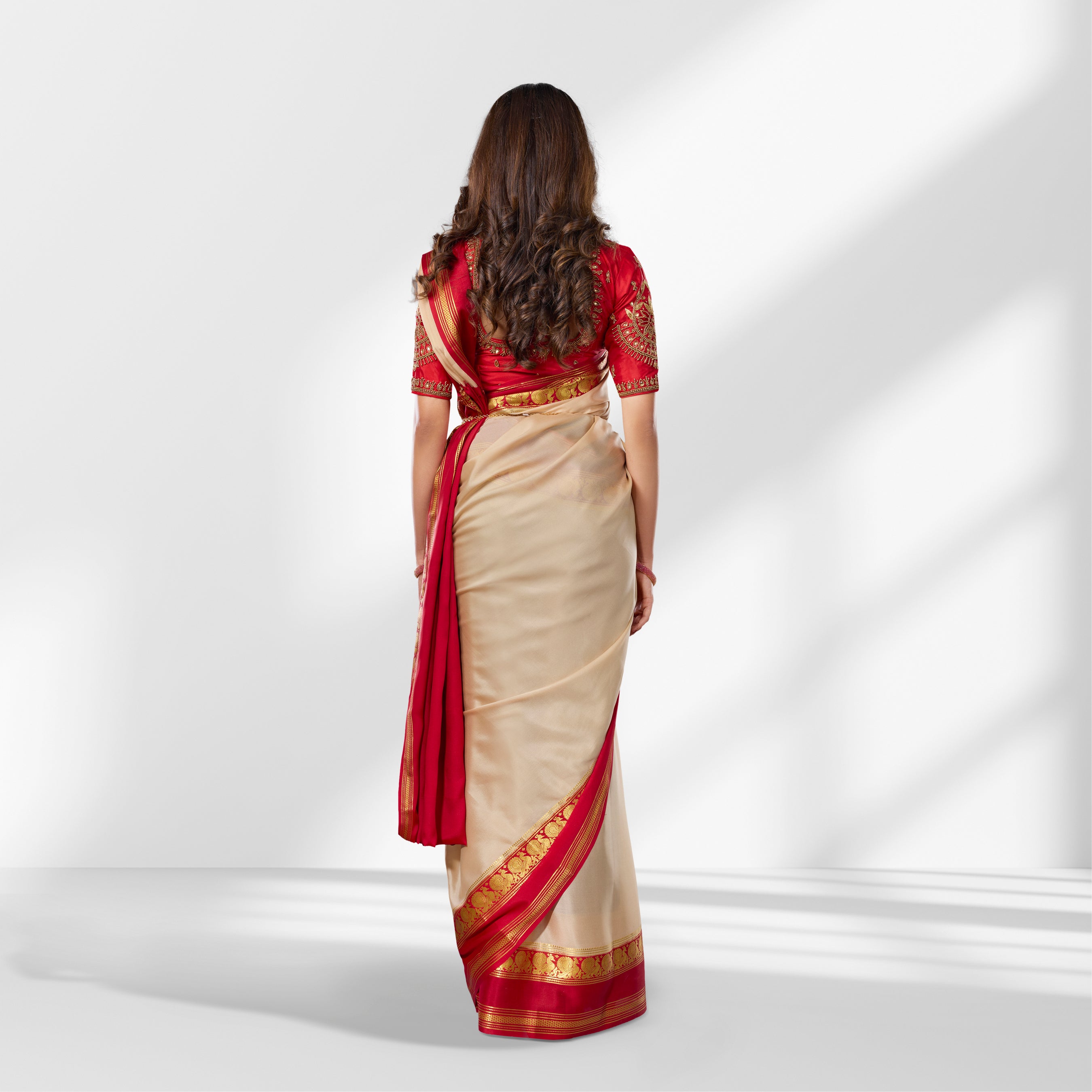 Beige and Red Mysore Silk Saree with Contrast Zari Border and Rich Pallu