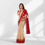 Beige and Red Mysore Silk Saree with Contrast Zari Border and Rich Pallu