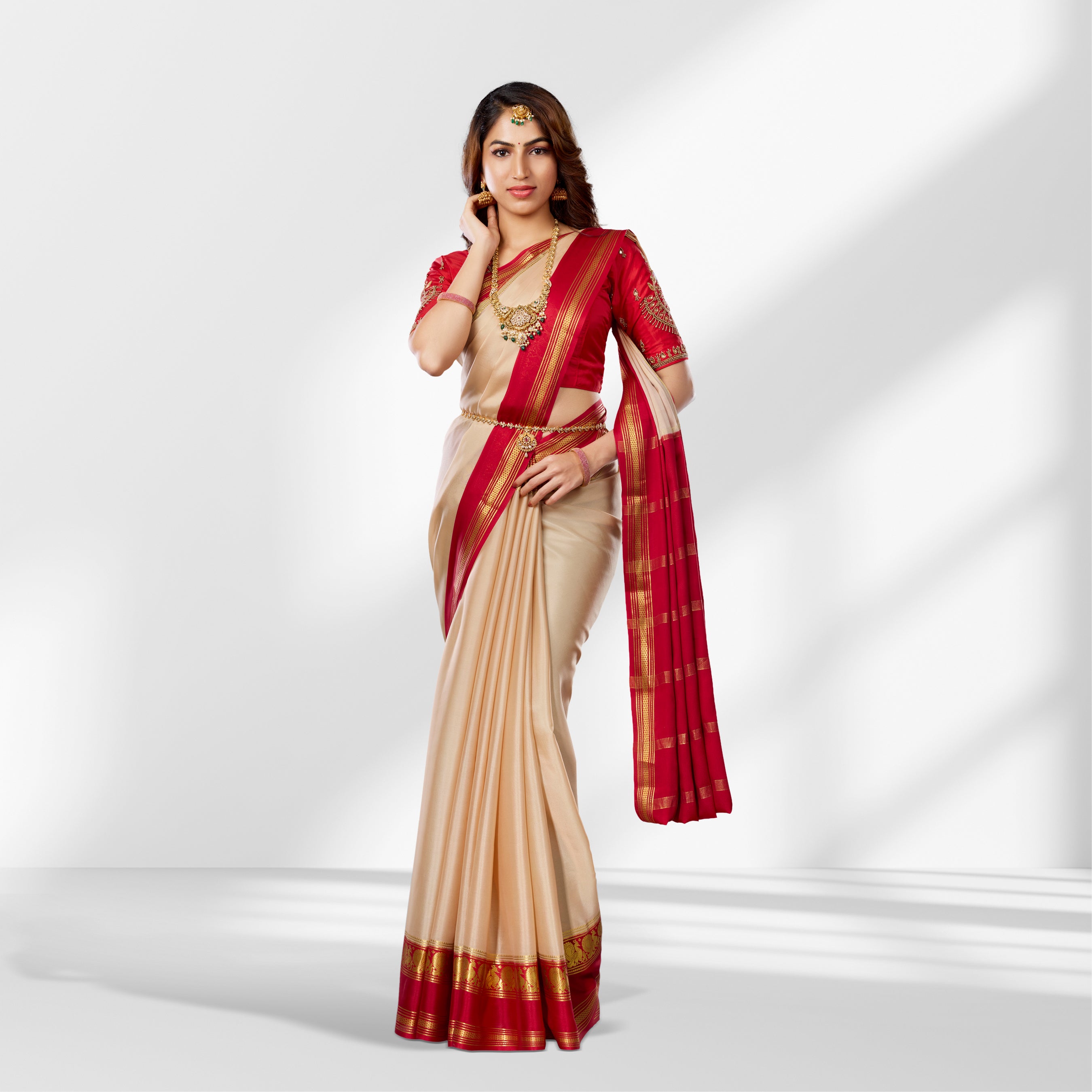 Beige and Red Mysore Silk Saree with Contrast Zari Border and Rich Pallu