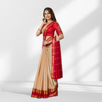 Beige and Red Mysore Silk Saree with Contrast Zari Border and Rich Pallu