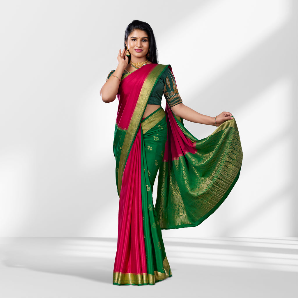 Rani Pink and Bottle Green Kanchipuram Silk Saree with Zari Butta and Rich Contrast Pallu