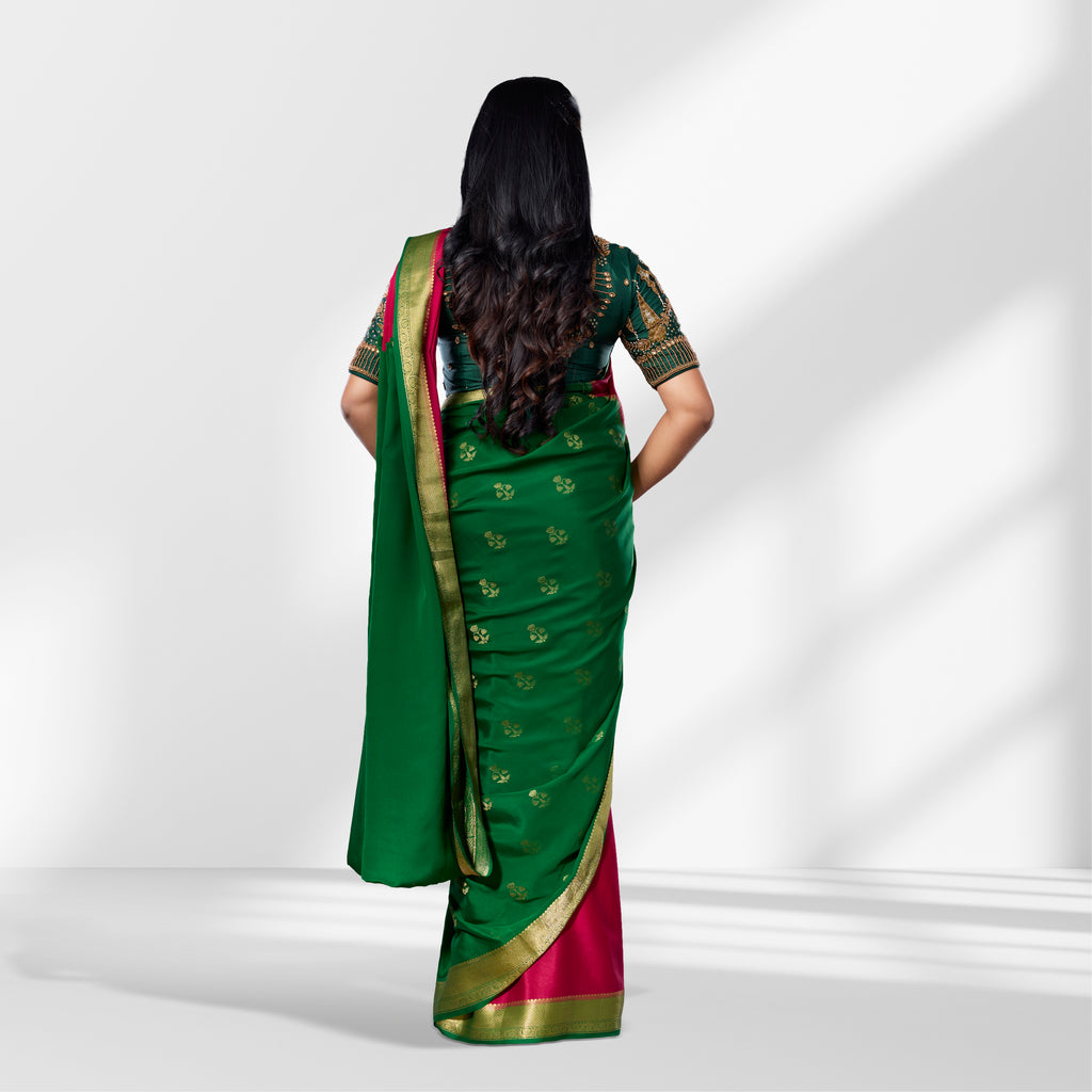 Rani Pink and Bottle Green Kanchipuram Silk Saree with Zari Butta and Rich Contrast Pallu