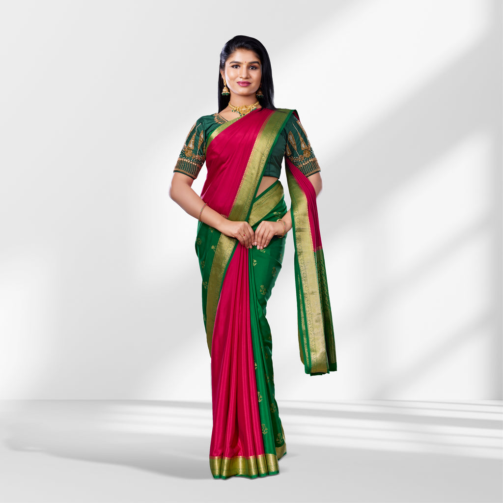 Rani Pink and Bottle Green Kanchipuram Silk Saree with Zari Butta and Rich Contrast Pallu