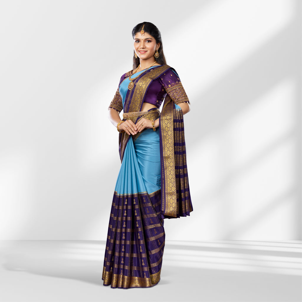 Sky Blue & Purple Mysore Silk Saree with Rich Zari Border and Pallu