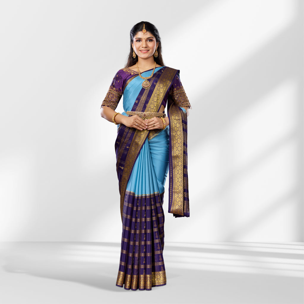 Sky Blue & Purple Mysore Silk Saree with Rich Zari Border and Pallu