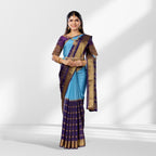 Sky Blue & Purple Mysore Silk Saree with Rich Zari Border and Pallu