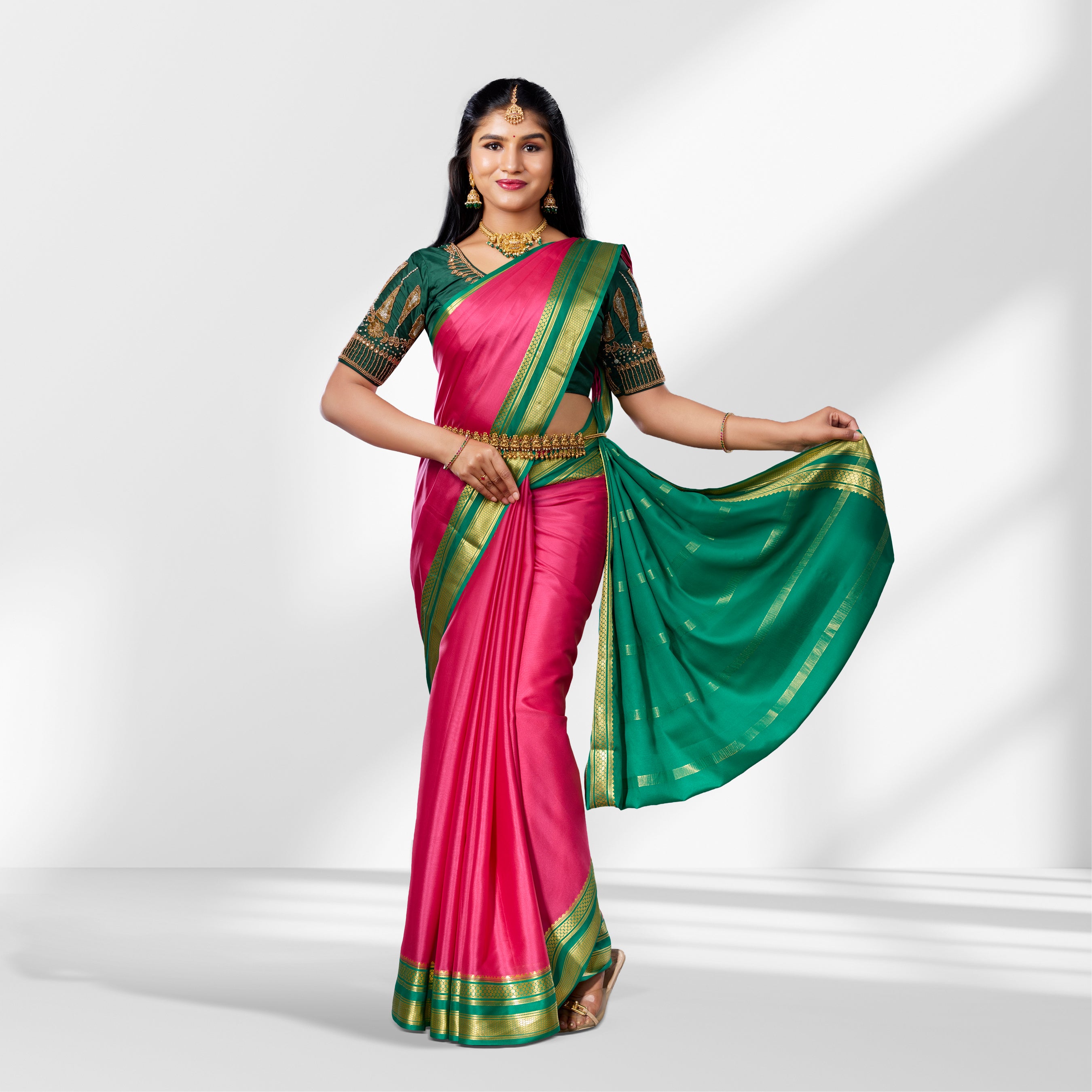 Mysore Silk Pink & Green Contrast Saree with Gold Zari Border