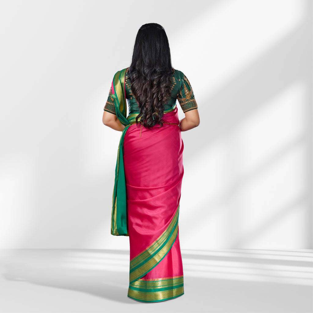 Mysore Silk Pink & Green Contrast Saree with Gold Zari Border