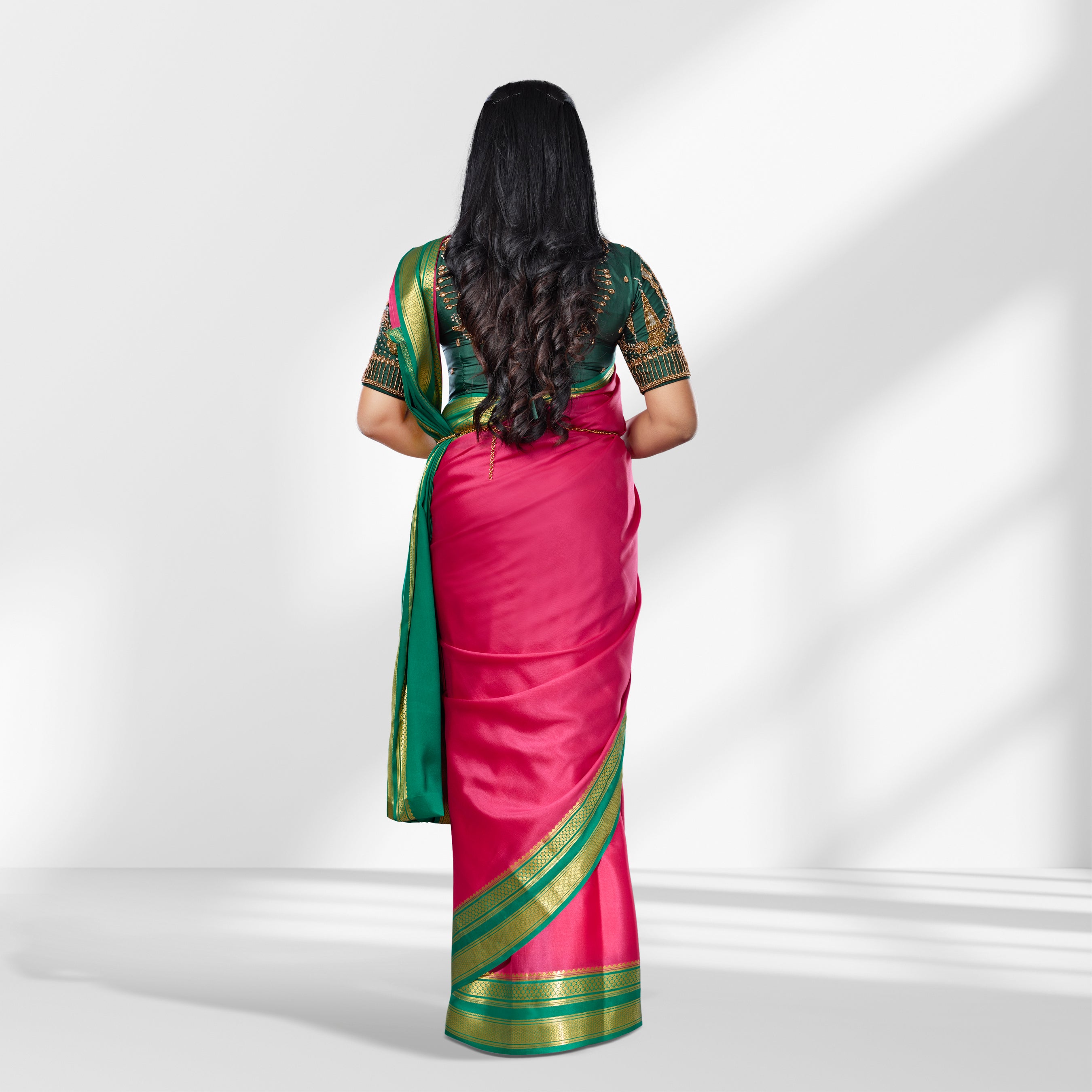 Mysore Silk Pink & Green Contrast Saree with Gold Zari Border