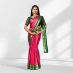 Mysore Silk Pink & Green Contrast Saree with Gold Zari Border