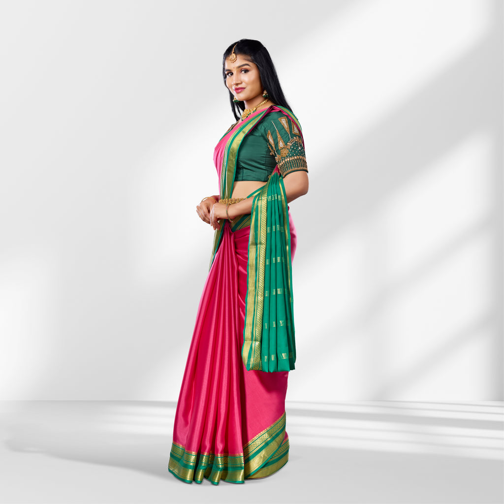 Mysore Silk Pink & Green Contrast Saree with Gold Zari Border