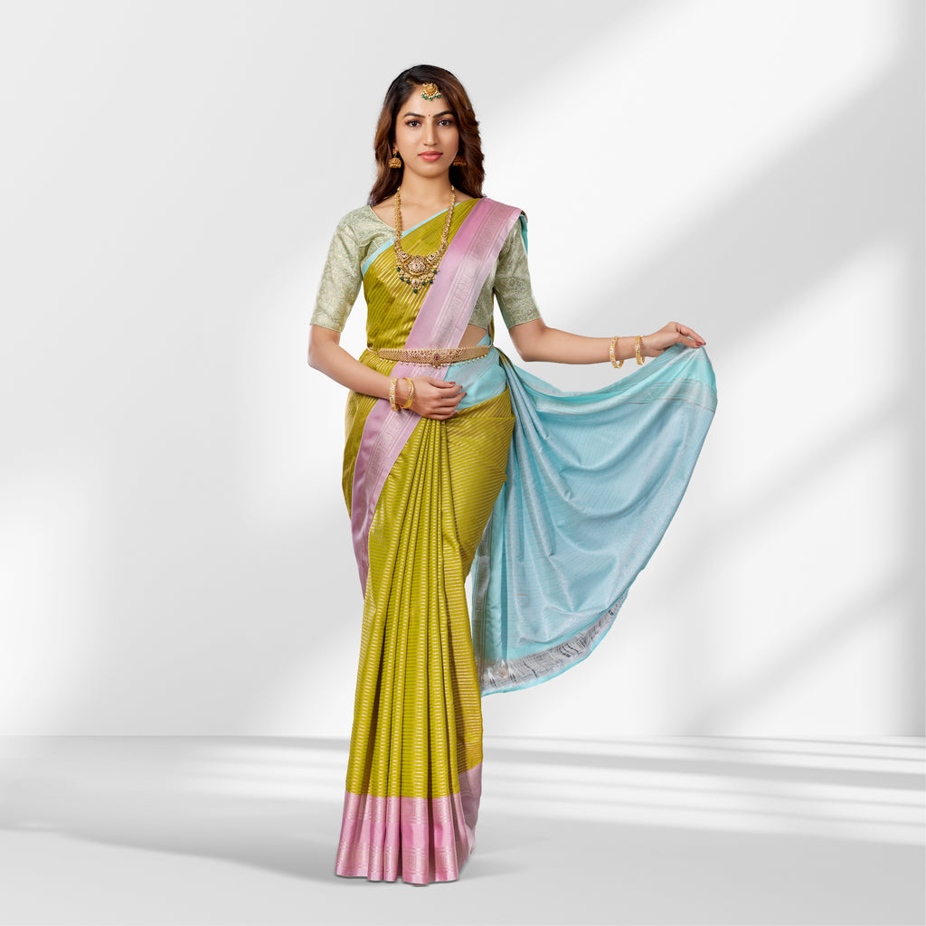 Parrot Green and Baby Pink Semi Kanchipuram Silk Saree with Multicolor Vertical Design