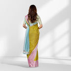Parrot Green and Baby Pink Semi Kanchipuram Silk Saree with Multicolor Vertical Design