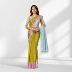 Parrot Green and Baby Pink Semi Kanchipuram Silk Saree with Multicolor Vertical Design