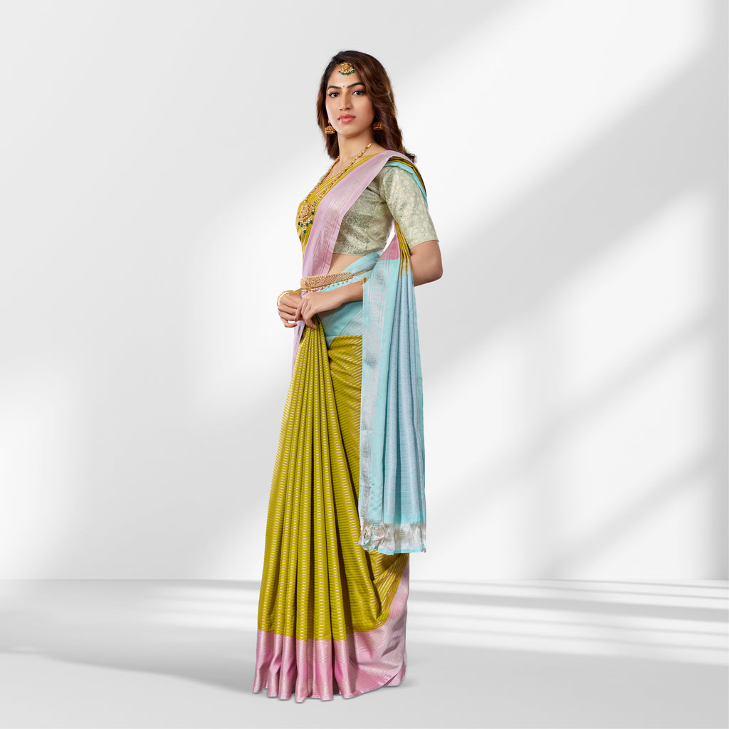 Parrot Green and Baby Pink Semi Kanchipuram Silk Saree with Multicolor Vertical Design