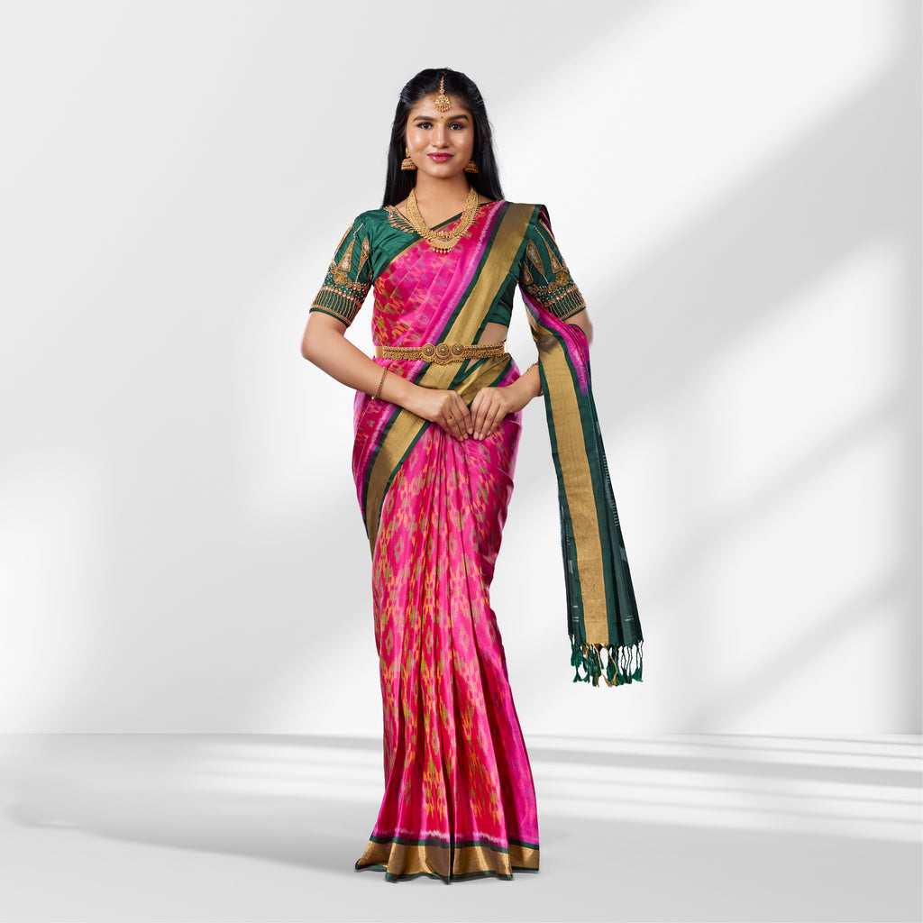 Vibrant Pink & Green Soft Silk Saree with Traditional Woven Design