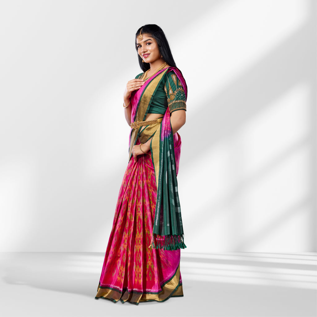 Vibrant Pink & Green Soft Silk Saree with Traditional Woven Design