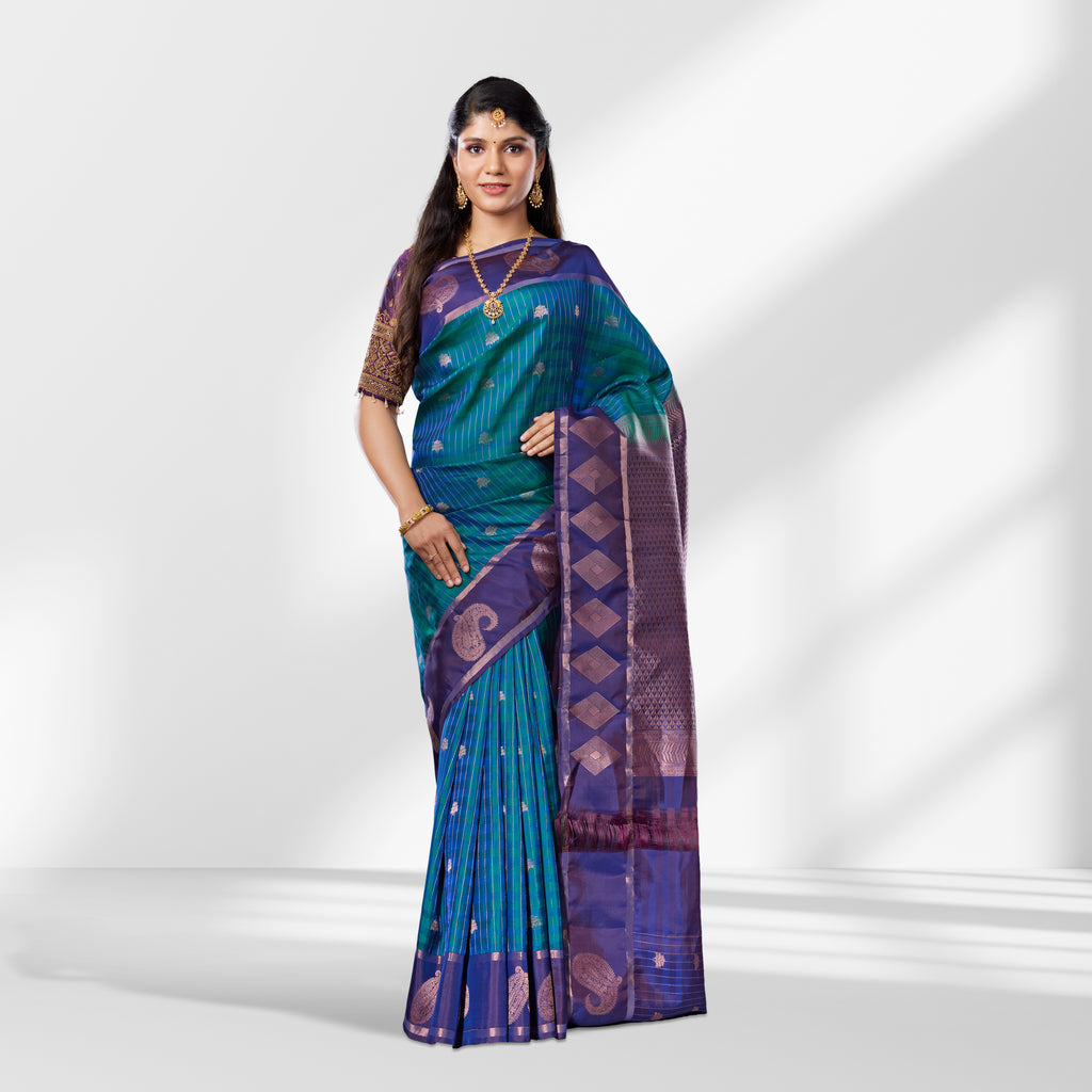 Elegant Teal & Violet Kanchipuram Silk Saree
