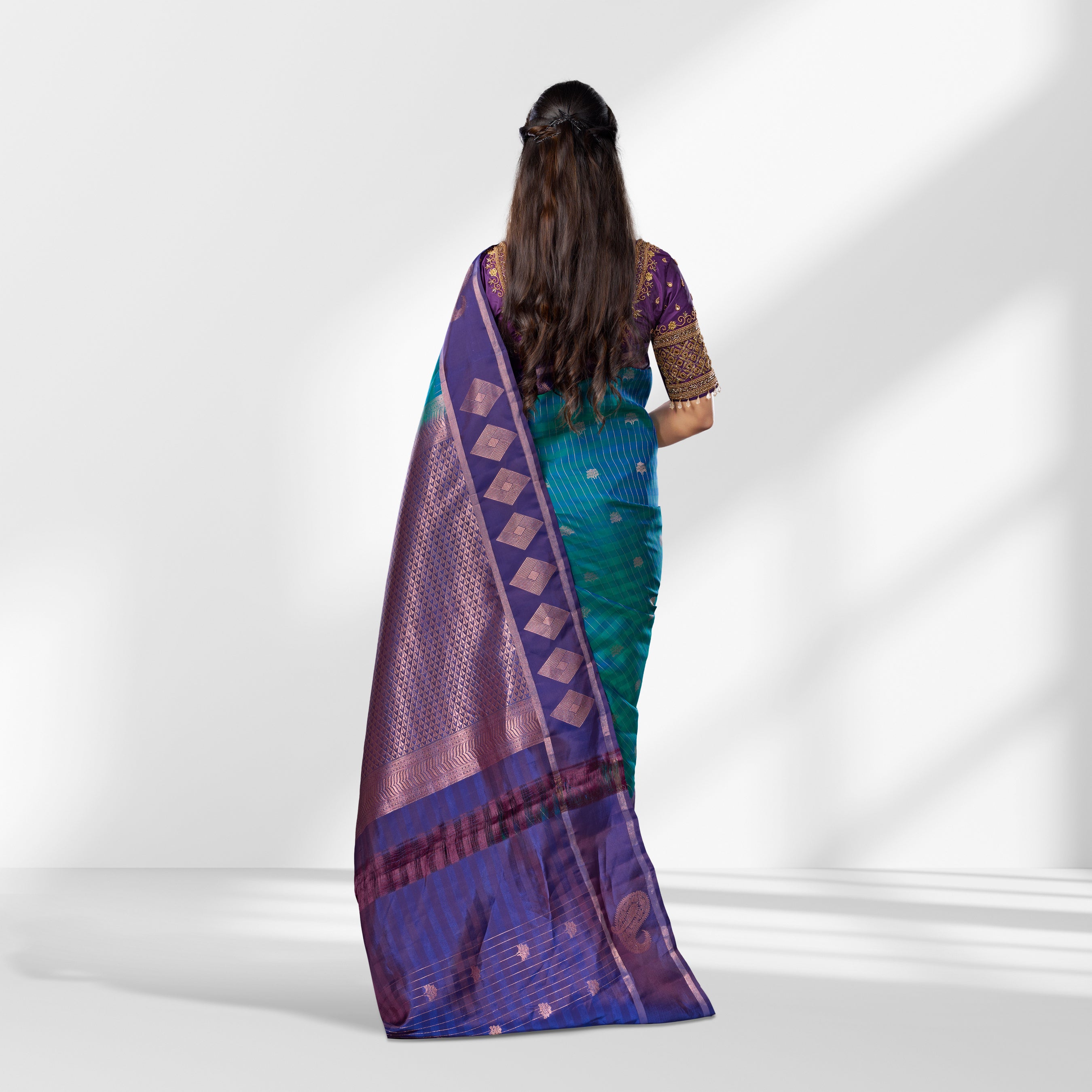 Elegant Teal & Violet Kanchipuram Silk Saree