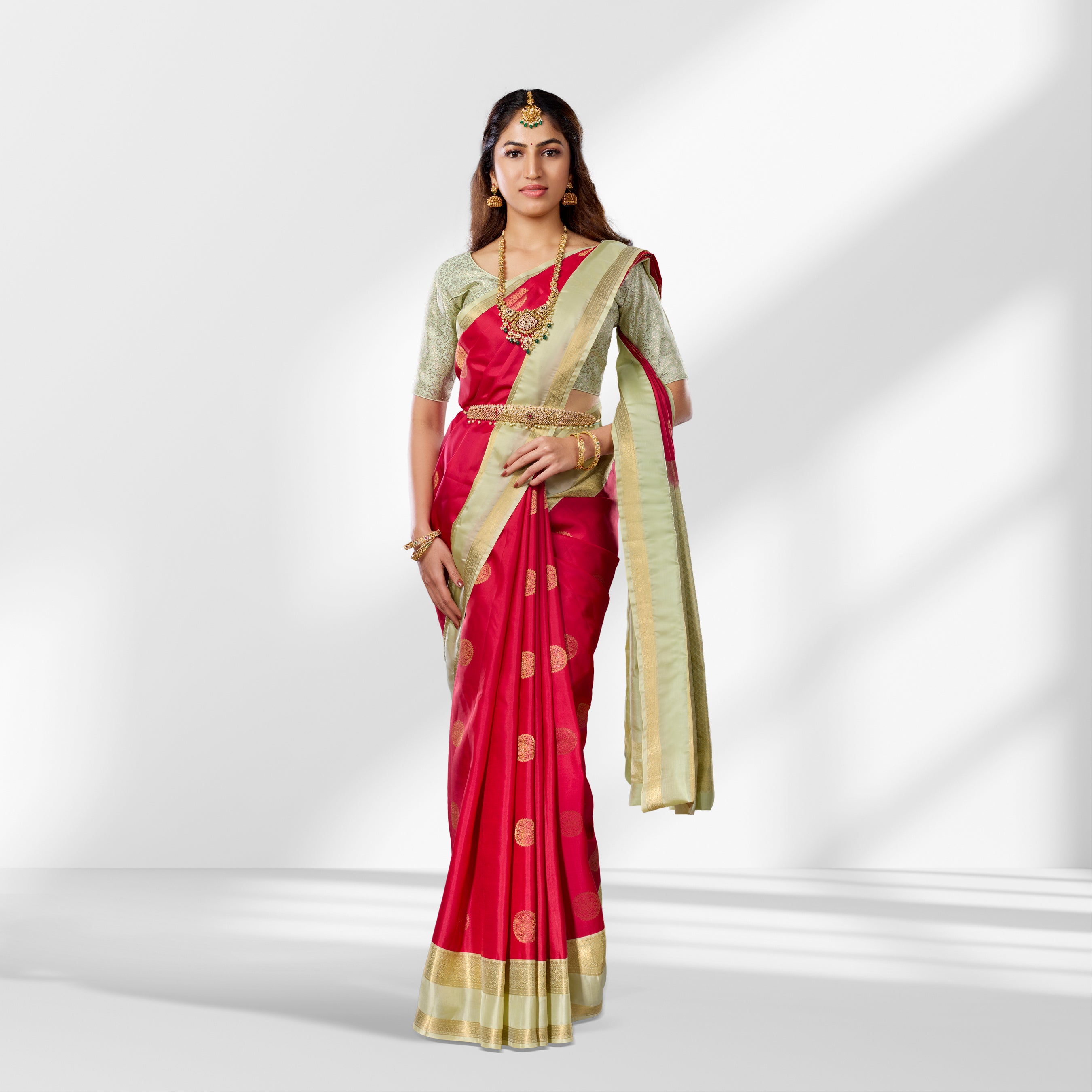 Dark Pink Kanchipuram Silk Saree with Cream Border and Butta Design