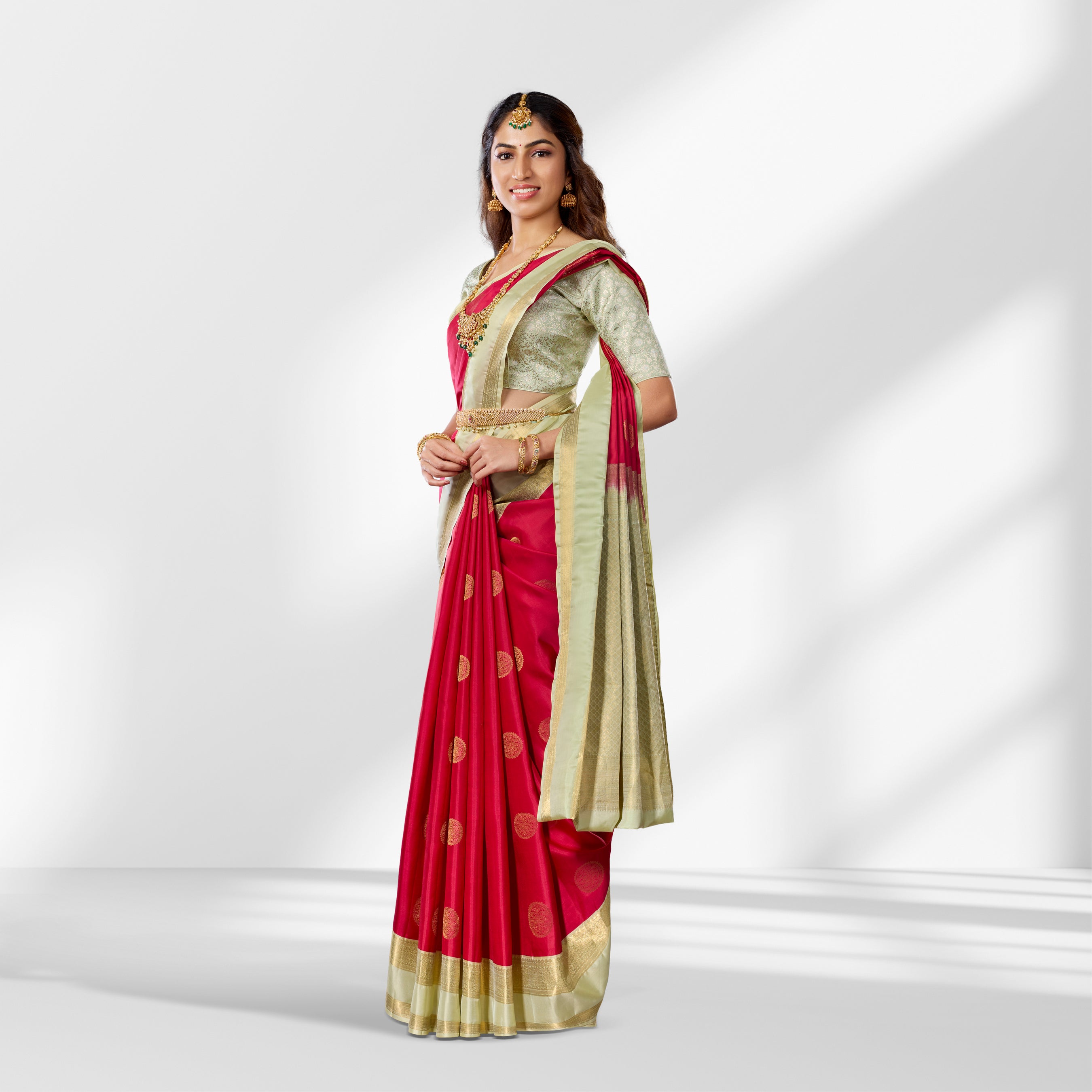 Dark Pink Kanchipuram Silk Saree with Cream Border and Butta Design