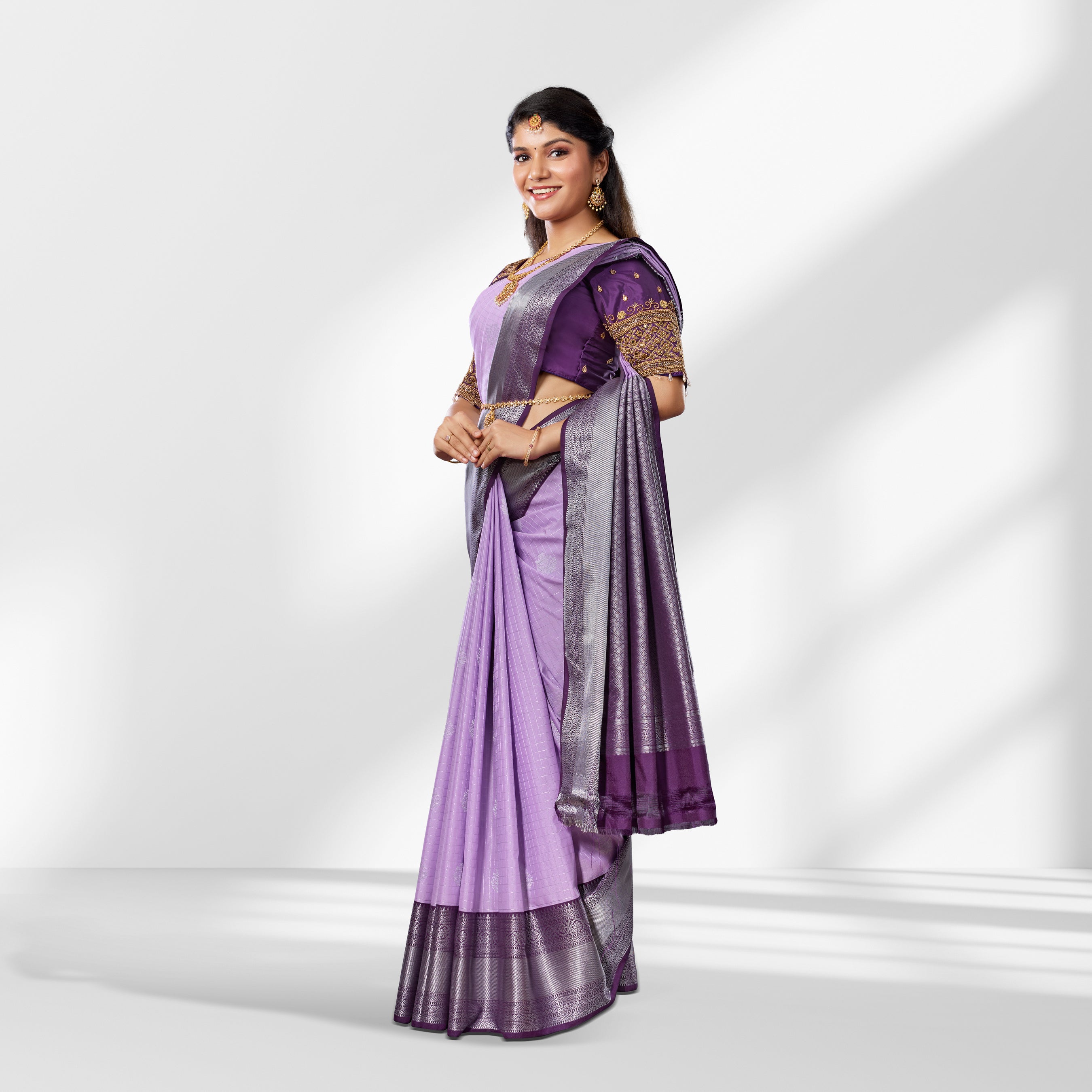 Lavender Kanchipuram Silk Saree with Purple Border and Silver Zari Checks Butta