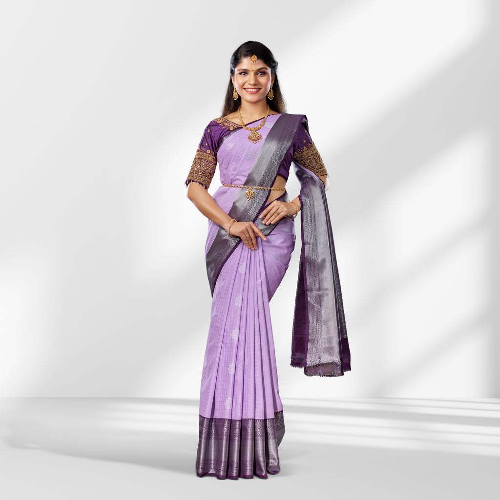 Lavender Kanchipuram Silk Saree with Purple Border and Silver Zari Checks Butta
