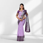 Lavender Kanchipuram Silk Saree with Purple Border and Silver Zari Checks Butta