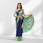 Blue Kanchipuram Silk Saree with Green Border, Pure Zari Peacock Motifs