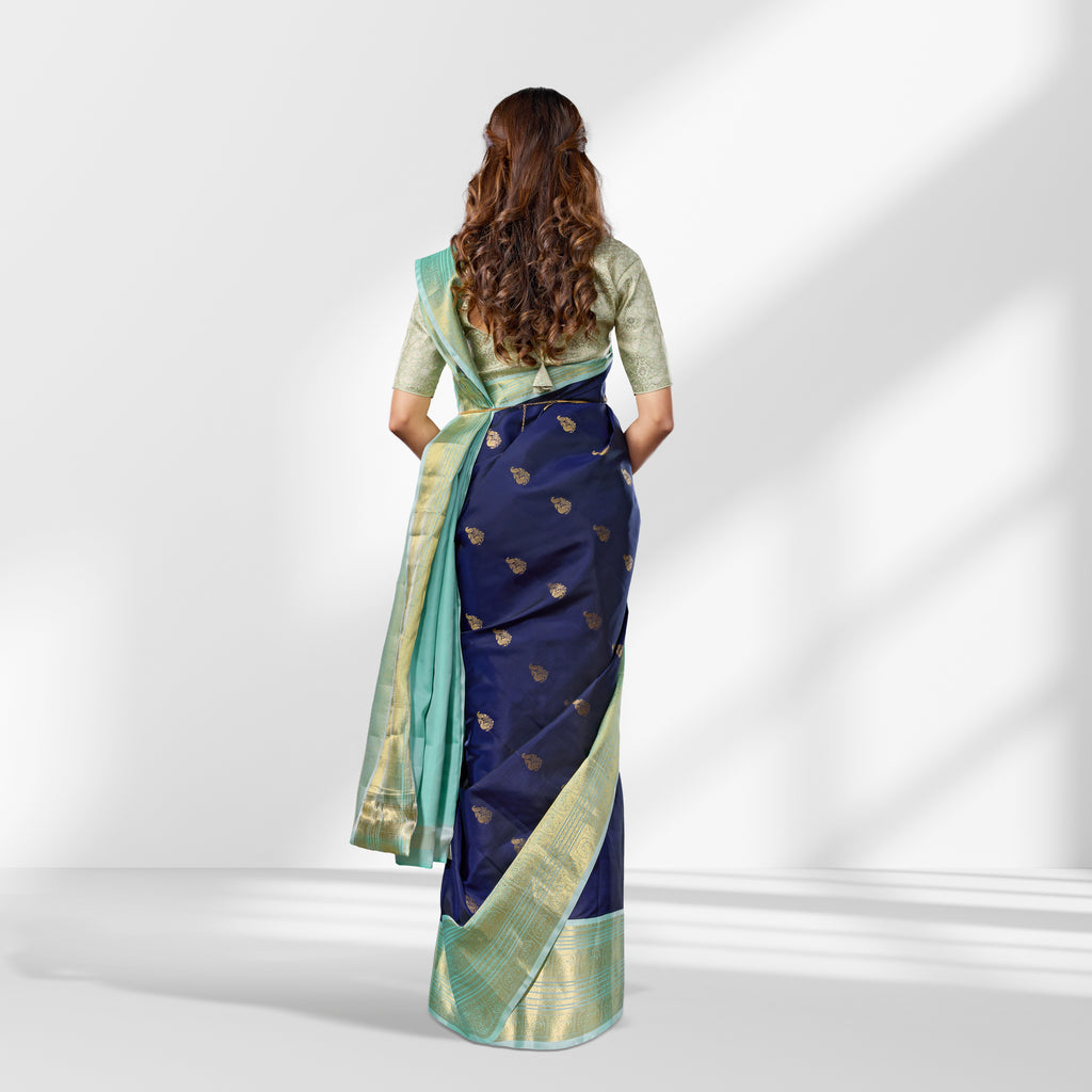 Blue Kanchipuram Silk Saree with Green Border, Pure Zari Peacock Motifs
