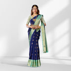Blue Kanchipuram Silk Saree with Green Border, Pure Zari Peacock Motifs