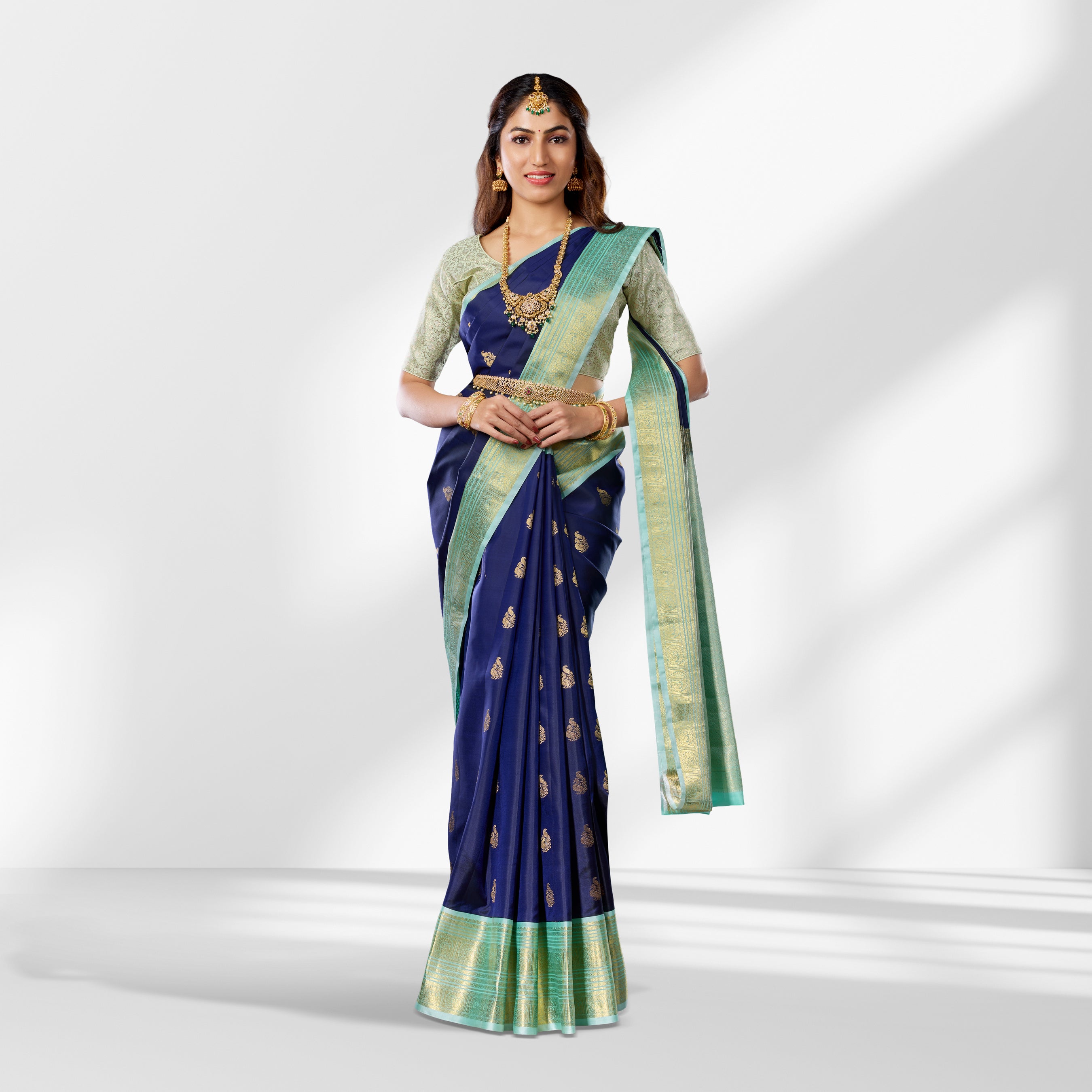 Blue Kanchipuram Silk Saree with Green Border, Pure Zari Peacock Motifs